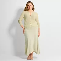 Ashley Graham Womens Crew Neck Long Sleeve Button Open Front Plus Cardigan