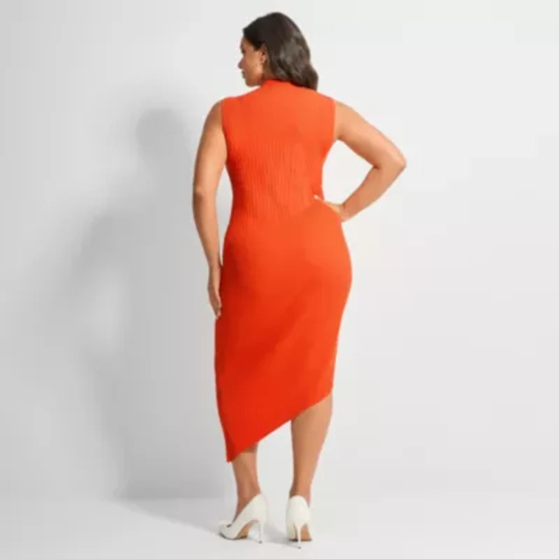 Ashley Graham Womens Plus Sleeveless High-Low Sweater Dress