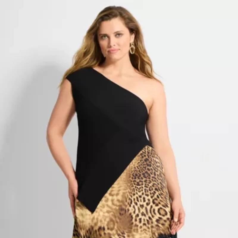 Ashley Graham Plus Womens Asymmetrical Neck Sleeveless Pullover Sweater