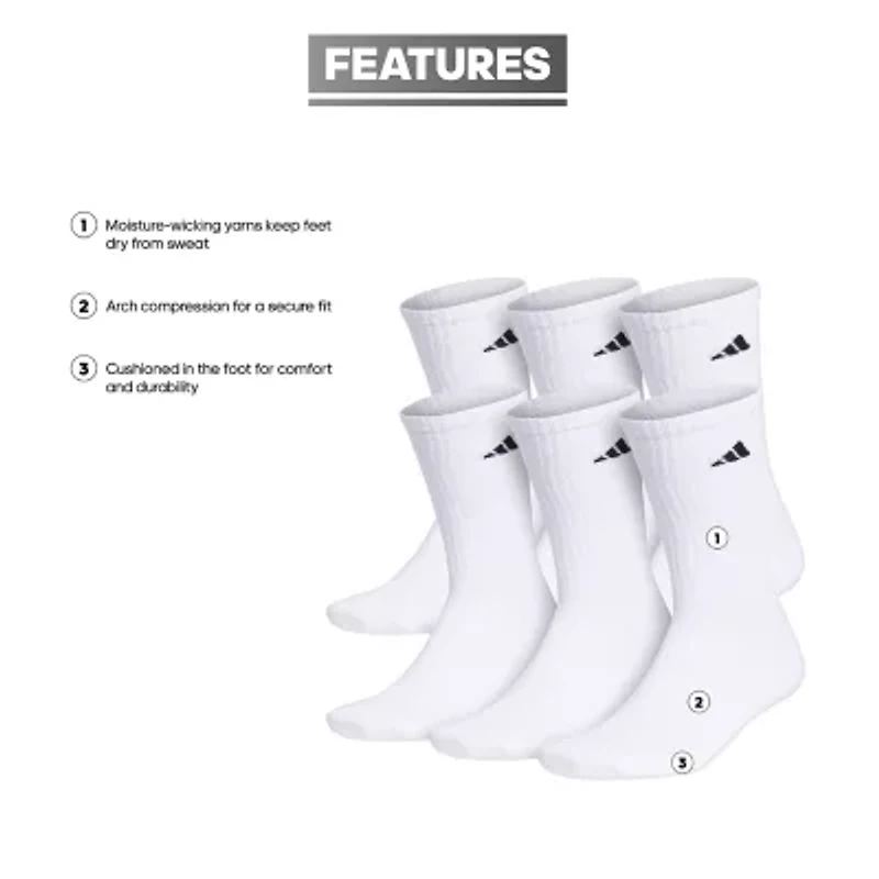 adidas Cushioned Mens 6 Pair Big and Tall Crew Socks