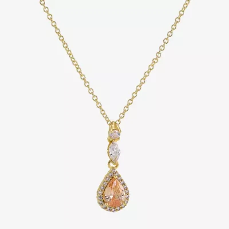 Sparkle Allure Halo Womens Champagne Cubic Zirconia 14K Gold Over Brass Pear 16 Inch Pendant Necklace