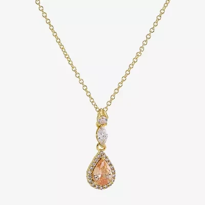 Sparkle Allure Halo Womens Champagne Cubic Zirconia 14K Gold Over Brass Pear 16 Inch Pendant Necklace