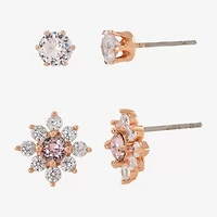 Sparkle Allure Womens Pink Cubic Zirconia 18K Rose Gold Over Brass Flower 2 Pair Earring Set