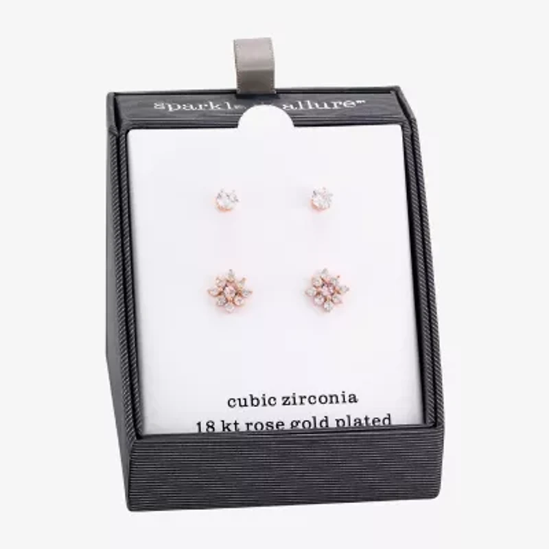 Sparkle Allure Womens Pink Cubic Zirconia 18K Rose Gold Over Brass Flower 2 Pair Earring Set