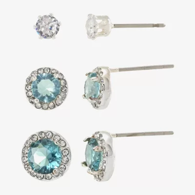 Sparkle Allure Womens Blue Cubic Zirconia Round 3 Pair Earring Set