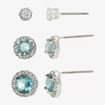 Sparkle Allure Womens Blue Cubic Zirconia Round 3 Pair Earring Set