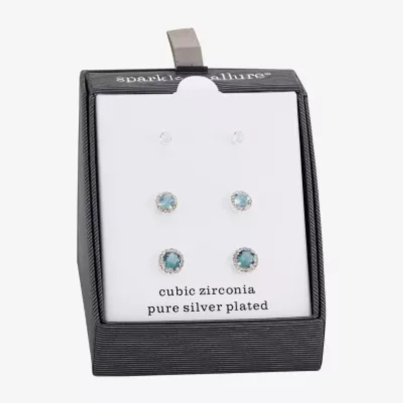 Sparkle Allure Womens Blue Cubic Zirconia Round 3 Pair Earring Set