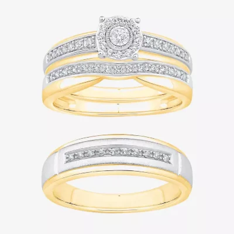 Unisex Adult 1/ CT. T.W. Natural White Diamond 10K Two Tone Gold Side Stone Halo Bridal Set