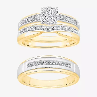 Unisex Adult 1/ CT. T.W. Natural White Diamond 10K Two Tone Gold Side Stone Halo Bridal Set
