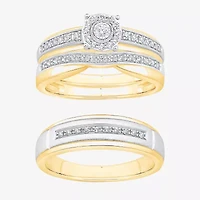 Unisex Adult 1/ CT. T.W. Natural White Diamond 10K Two Tone Gold Side Stone Halo Bridal Set