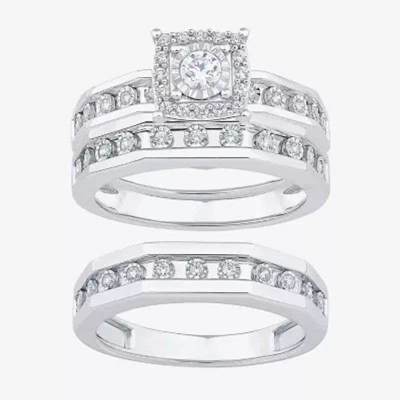 Unisex Adult 3/8 CT. T.W. Natural White Diamond 10K Gold Halo Side Stone Ring Set