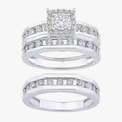 Unisex Adult 3/8 CT. T.W. Natural White Diamond 10K Gold Halo Side Stone Ring Set