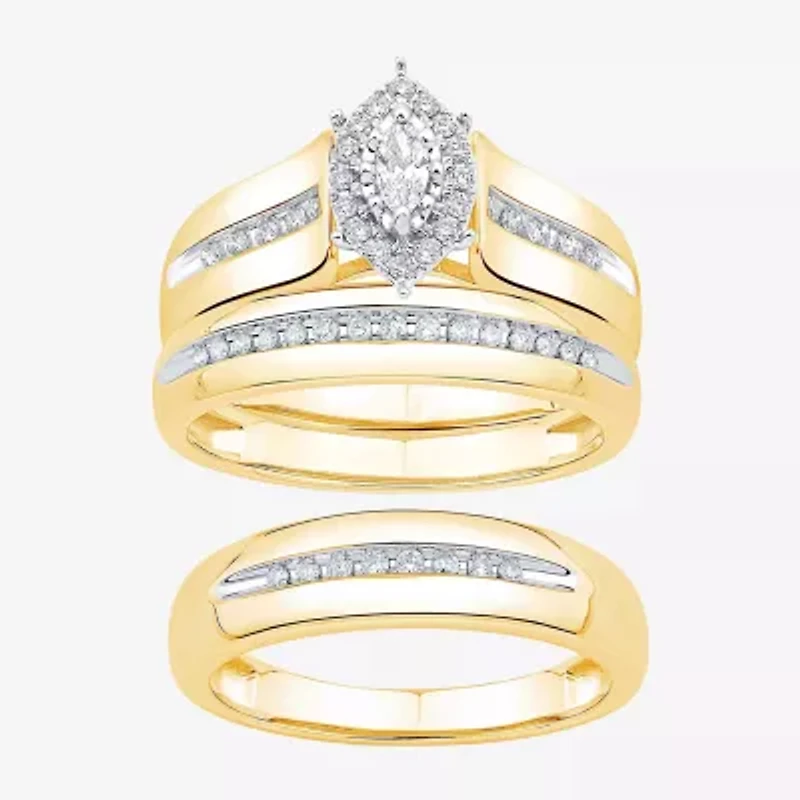 Unisex Adult 3/8 CT. T.W. Natural White Diamond 10K Gold Marquise Side Stone Halo Bridal Set