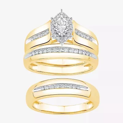 Unisex Adult 3/8 CT. T.W. Natural White Diamond 10K Gold Marquise Side Stone Halo Bridal Set
