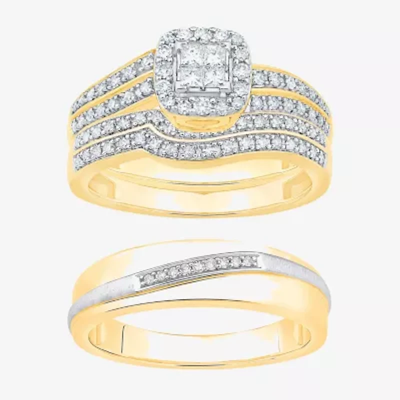 Unisex Adult 1/2 CT. T.W. Natural White Diamond 10K Two Tone Gold Side Stone Halo Bridal Set