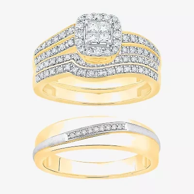 Unisex Adult 1/2 CT. T.W. Natural White Diamond 10K Two Tone Gold Side Stone Halo Bridal Set