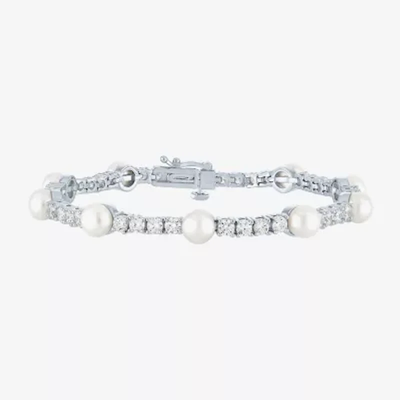 Womens Cultured Freshwater Pearl & Cubic Zirconia Sterling Silver Over Brass Bracelet