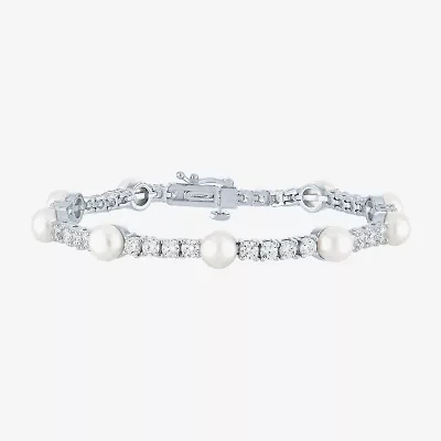 Womens Cultured Freshwater Pearl & Cubic Zirconia Sterling Silver Over Brass Bracelet