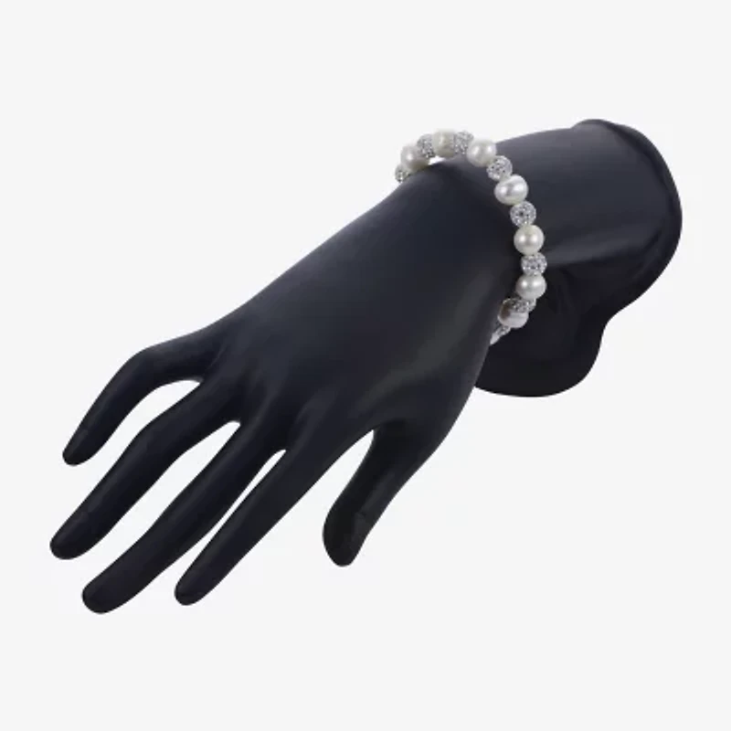 Womens White Cultured Freshwater Pearl Sterling Silver Beaded Bracelet