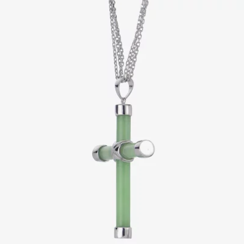 Womens Genuine Green Jade Sterling Silver Cross 18 Inch Pendant Necklace