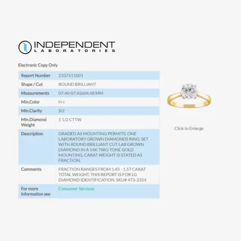 (H-I / Si2) Womens 1 1/2 CT. Lab Grown White Diamond 14K Gold Round Solitaire Engagement Ring