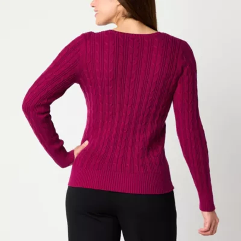 St. John's Bay Womens V Neck Long Sleeve Cable Knit Pullover Sweater