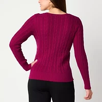 St. John's Bay Womens V Neck Long Sleeve Cable Knit Pullover Sweater