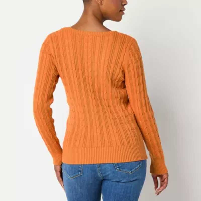 St. John's Bay Womens V Neck Long Sleeve Cable Knit Pullover Sweater