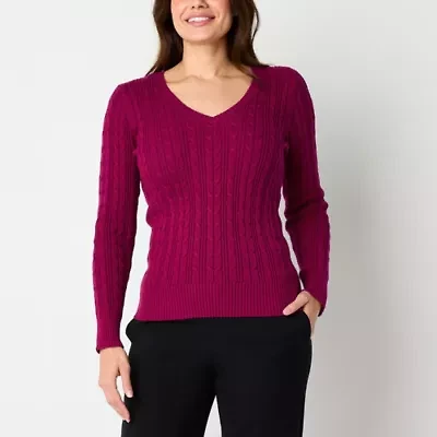 St. John's Bay Womens V Neck Long Sleeve Cable Knit Pullover Sweater