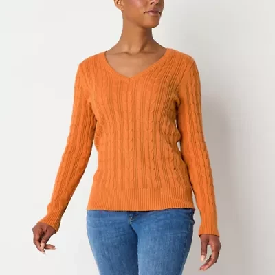 St. John's Bay Womens V Neck Long Sleeve Cable Knit Pullover Sweater