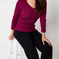 St. John's Bay Womens V Neck Long Sleeve Cable Knit Pullover Sweater