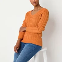 St. John's Bay Womens V Neck Long Sleeve Cable Knit Pullover Sweater