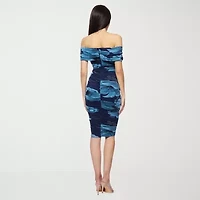 Premier Amour Off The Shoulder Womens Short Sleeve Midi Floral Sheath Dress