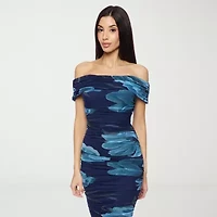 Premier Amour Off The Shoulder Womens Short Sleeve Midi Floral Sheath Dress