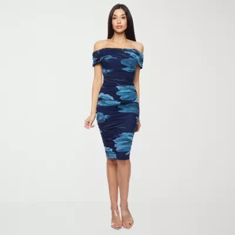 Premier Amour Off The Shoulder Womens Short Sleeve Midi Floral Sheath Dress