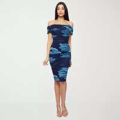 Premier Amour Off The Shoulder Womens Short Sleeve Midi Floral Sheath Dress