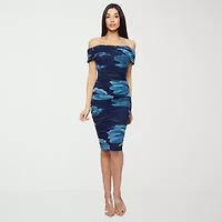 Premier Amour Off The Shoulder Womens Short Sleeve Midi Floral Sheath Dress