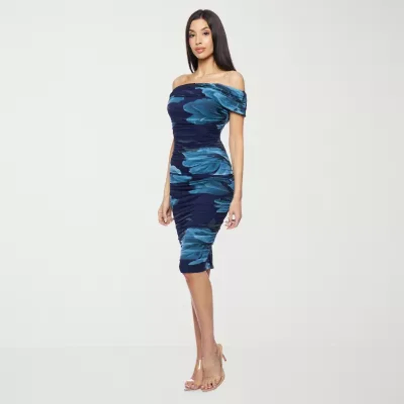 Premier Amour Off The Shoulder Womens Short Sleeve Midi Floral Sheath Dress