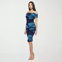 Premier Amour Off The Shoulder Womens Short Sleeve Midi Floral Sheath Dress