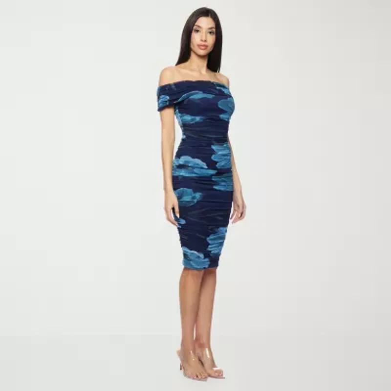 Premier Amour Off The Shoulder Womens Short Sleeve Midi Floral Sheath Dress