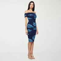 Premier Amour Off The Shoulder Womens Short Sleeve Midi Floral Sheath Dress