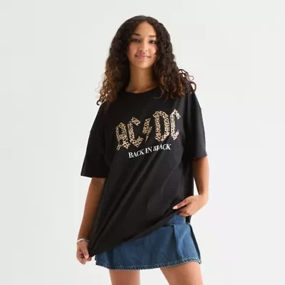 Acdc Cheetah Back To Black Oversized Tee Womens Crew Neck Short Sleeve Juniors Graphic T-Shirt