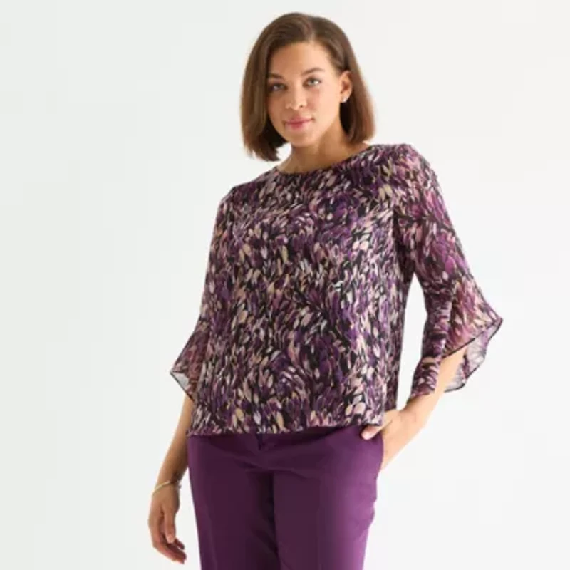 Black Label by Evan-Picone Womens Round Neck 3/4 Sleeve Blouse