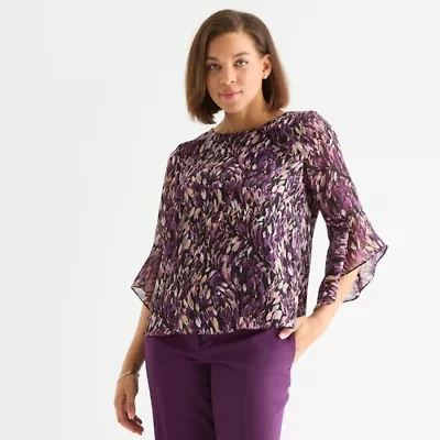 Black Label by Evan-Picone Womens Round Neck 3/4 Sleeve Blouse