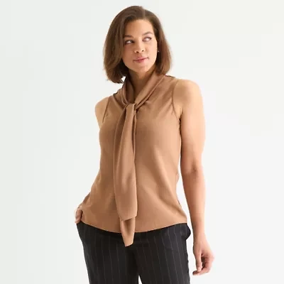 Black Label by Evan-Picone Womens Split Tie Neck Sleeveless Blouse