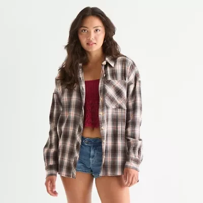 Arizona Womens Juniors Long Sleeve Oversized Button-Down Shirt