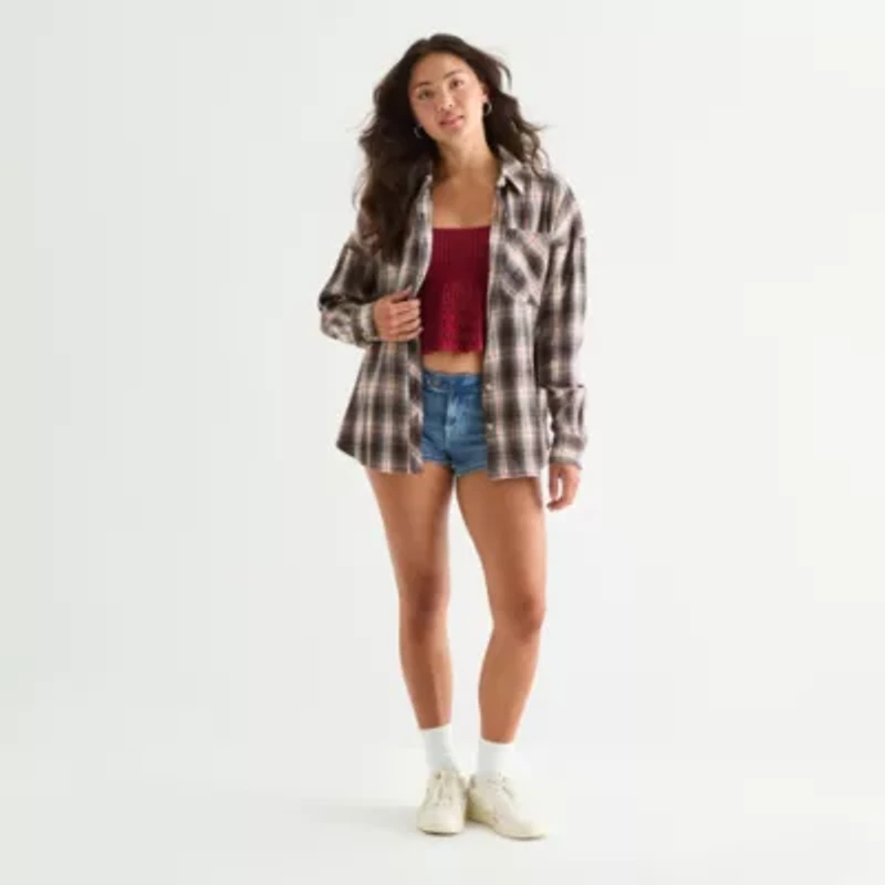 Arizona Womens Juniors Long Sleeve Oversized Button-Down Shirt