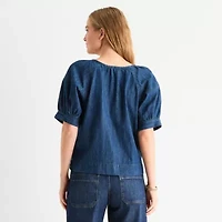 a.n.a Denim Womens Round Neck Short Sleeve Blouse
