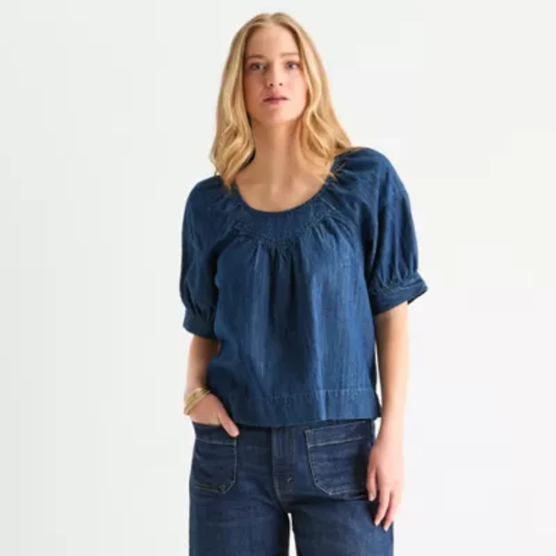 a.n.a Denim Womens Round Neck Short Sleeve Blouse