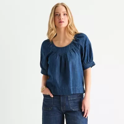 a.n.a Denim Womens Round Neck Short Sleeve Blouse